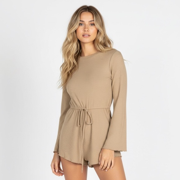 Princess Polly Pants - Princess Polly Aiken Long Bell Sleeve Ribbed Boho Beige Romper